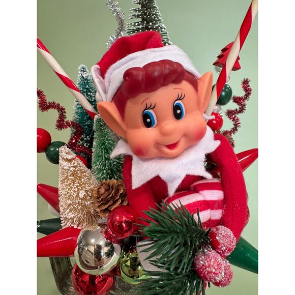 Vintage Knee Hugger Pixie Elf Christmas Assemblage in Flour Sifter Holiday Decor - Picture 3 of 8